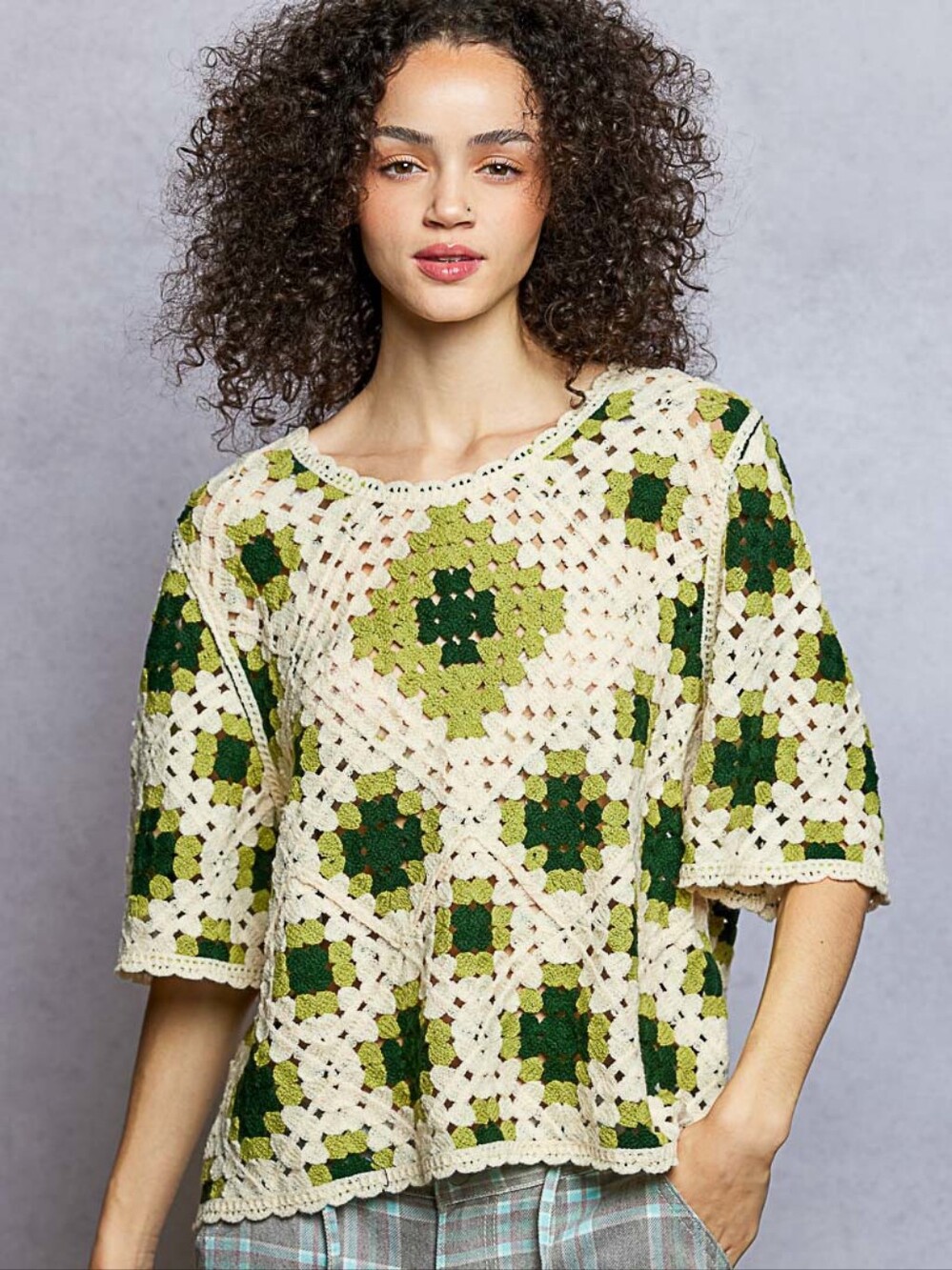 3-0705 POL Crochet Patchwork Granny Squares Top - Cream & Green